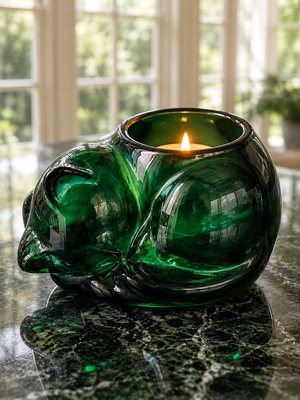 Indiana Glass Evergreen Green Sleeping Cat Votive Candle Holder #3865